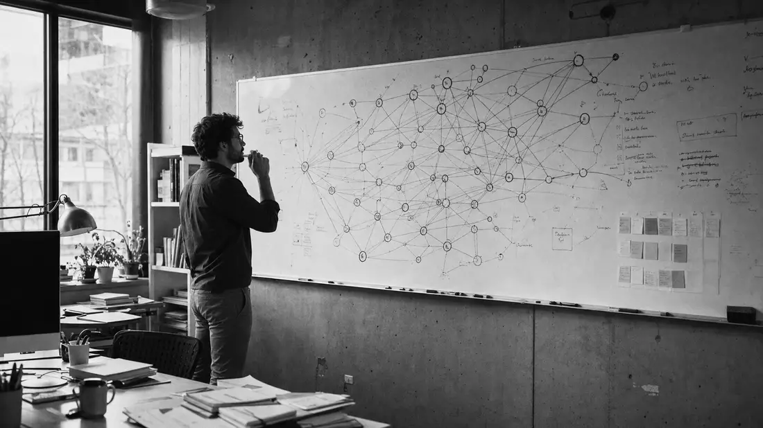 Schwarz-Weiß-Reportagefoto eines Analysten beim Zeichnen von Netzwerkknoten am Whiteboard