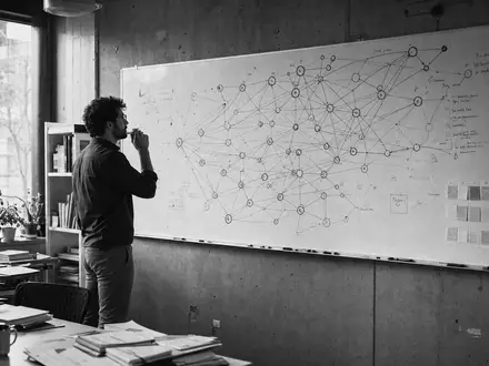 Palantir Technologies Inc (US69608A1088) – Data-Analyst skizziert komplexe Netzwerk-Knotenpunkte dokumentarisch auf einem Whiteboard - Foto: THN