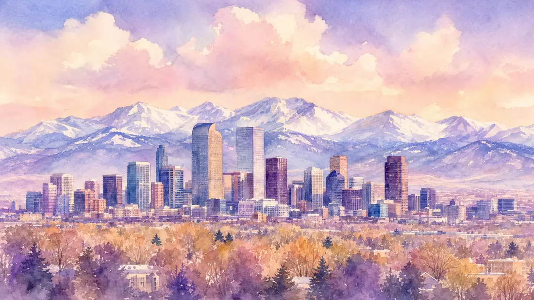 Aquarell-Illustration der Denver-Skyline mit schneebedeckten Rocky Mountains in Pastellfarben