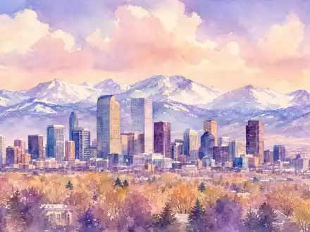 Palantir Technologies Inc (US69608A1088) – Aquarell der Denver-Skyline vor schneebedeckten Rocky Mountains in weichen Pastelltönen - Foto: THN