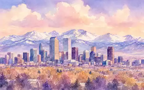 Palantir Technologies Inc (US69608A1088) – Aquarell der Denver-Skyline vor schneebedeckten Rocky Mountains in weichen Pastelltönen. - Foto: THN
