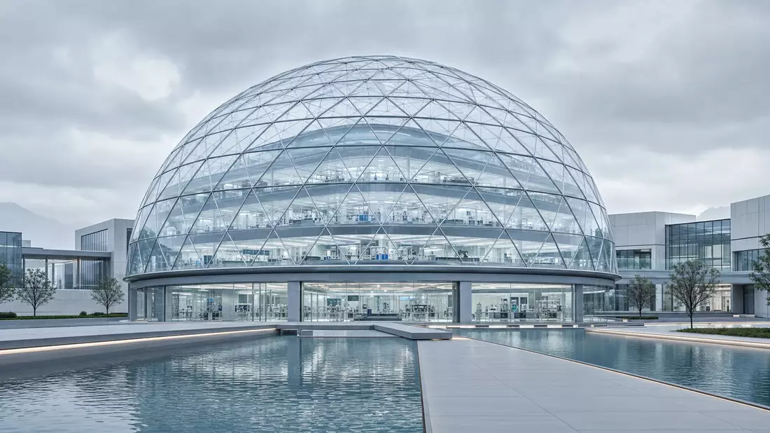 Architekturvisualisierung einer futuristischen geodätischen Glaskuppel-Forschungsanlage mit Spiegelteich