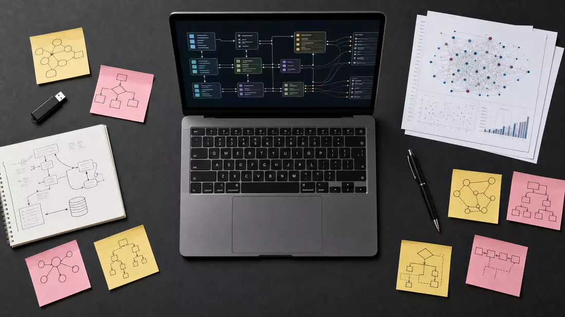 Flatlay auf dunklem Anthrazit-Schreibtisch mit Laptop, USB-Stick, Sticky-Notes und Diagramm-Ausdruck