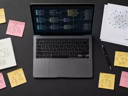 Palantir Technologies Inc (US69608A1088) – Flatlay mit Notebook, USB-Stick und Sticky-Notes auf Anthrazit-Schreibtisch. - Foto: THN