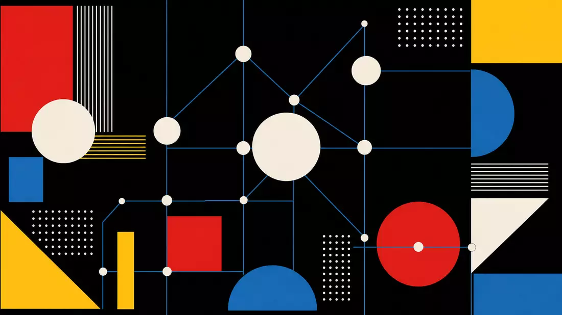 Bauhaus-Grafikposter mit abstraktem Netzwerk aus Knoten und Linien in Schwarz, Weiß und Blau