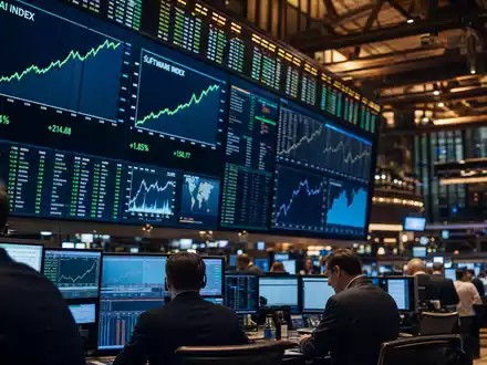 Palantir Technologies Inc (US69608A1088) – Editorial-Foto eines Börsenhandelsraums mit großer AI- und Software-Index-Anzeigetafel - Foto: THN