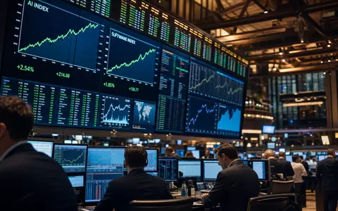 Palantir Technologies Inc (US69608A1088) – Editorial-Foto eines Börsenhandelsraums mit großer AI- und Software-Index-Anzeigetafel - Foto: THN