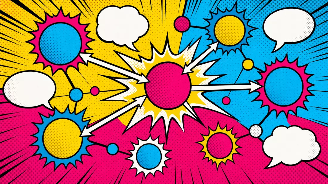 Pop-Art-Comic mit stilisierten Datenknoten, Pfeilen und Halftone-Punktraster in Knallfarben Magenta,
