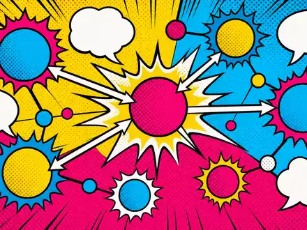 Palantir Technologies Inc (US69608A1088) – stilisierte Pop-Art-Datenknoten und Pfeile im Halftone-Raster mit knalligen Kontrastfarben - Foto: THN