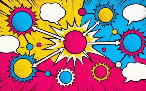 Palantir Technologies Inc (US69608A1088) – stilisierte Pop-Art-Datenknoten und Pfeile im Halftone-Raster mit knalligen Kontrastfarben. - Foto: THN