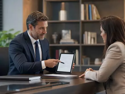 Zurich Insurance Group AG CH0011075394 – Versicherungsmakler berät Klientin am Schreibtisch mit Tablet und Vertragsdokumenten - Foto: THN