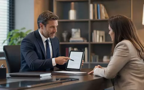 Zurich Insurance Group AG CH0011075394 – Versicherungsmakler berät Klientin am Schreibtisch mit Tablet und Vertragsdokumenten - Foto: THN