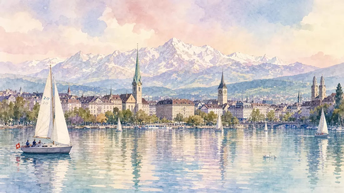 Aquarell-Illustration Zürichsee mit Stadtsilhouette und schneebedeckten Alpen