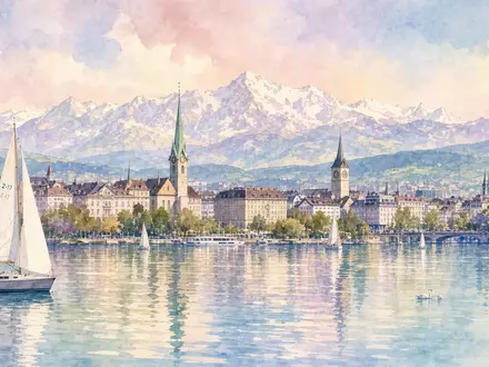 Zurich Insurance Group AG CH0011075394 – Aquarell des Zürichsees mit Stadtkulisse und Alpenpanorama in Pastelltönen - Foto: THN
