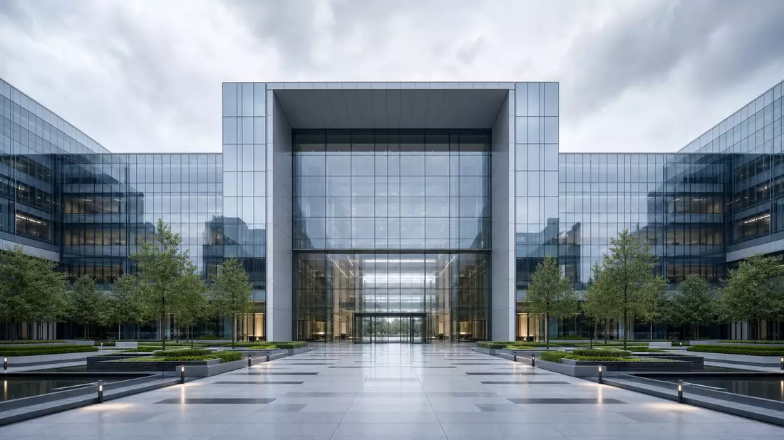 Modernes Glashochhaus mit großem Portal und symmetrischer Fassade im Gegenlicht
