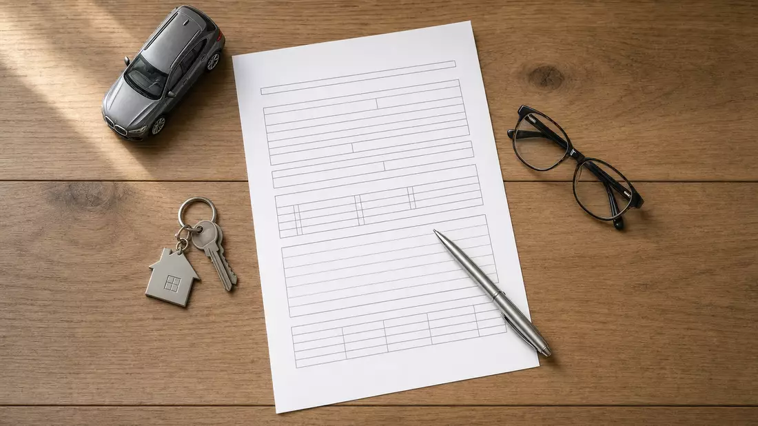 Flatlay mit Versicherungsformular, Stift, Brille, Schlüssel und Modellauto auf Holz