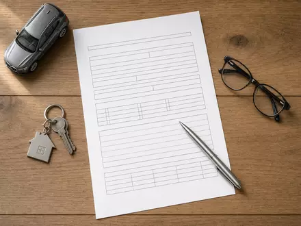 Zurich Insurance Group AG CH0011075394 – Flatlay mit Versicherungsformular, Stift, Brille, Hausschlüssel und Modellauto - Foto: THN