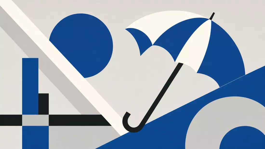 Geometrisches Bauhaus-Poster mit blauem Regenschirm-Motiv und abstrakten Formen