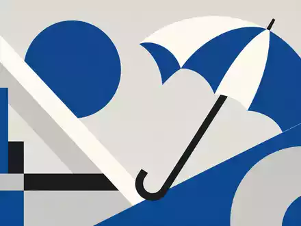 Zurich Insurance Group AG CH0011075394 – Bauhaus-Posterdesign mit stilisiertem Regenschirm in Blau, Weiß und Hellgrau - Foto: THN