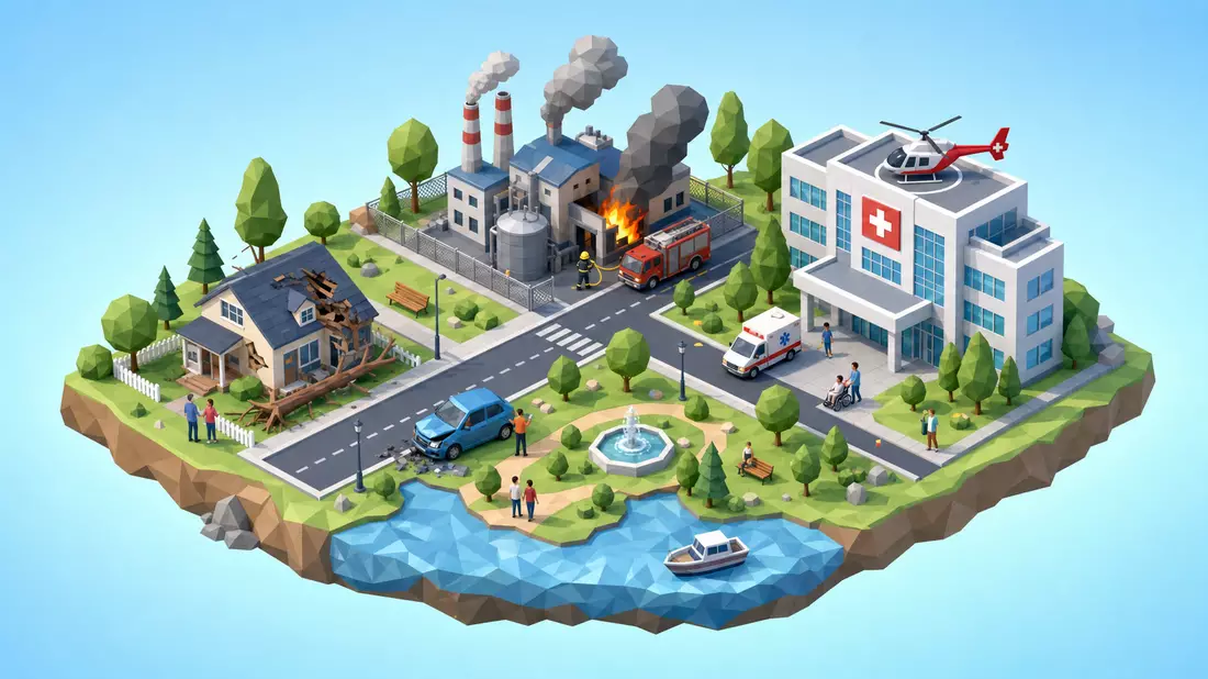 Isometrische Low-Poly-Miniaturstadt mit Haus, Auto und Fabrik