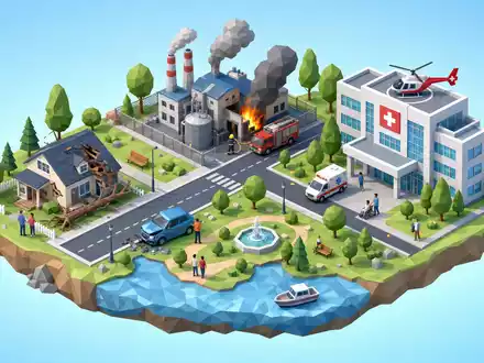 Zurich Insurance Group AG CH0011075394 – Isometrische Low-Poly-Miniaturstadt mit Haus, Auto und Industrieanlage als Versicherungsrisiken - Foto: THN