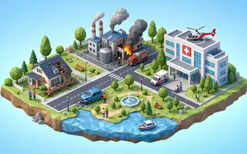 Zurich Insurance Group AG CH0011075394 – Isometrische Low-Poly-Miniaturstadt mit Haus, Auto und Industrieanlage als Versicherungsrisiken - Foto: THN