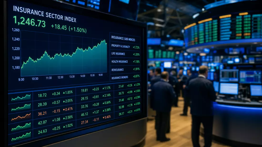 Große Börsen-Anzeigetafel mit grünen Versicherungs-Charts auf belebtem Trading-Floor