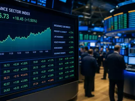 Zurich Insurance Group AG CH0011075394 – Börsentafel mit Versicherungs-Sektorindex auf Trading-Floor im Börsen-Editorial-Stil - Foto: THN