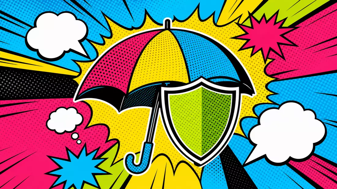 Pop-Art-Bild: Bunter Regenschirm mit Schutzschild und Halftone-Muster in Knallfarben