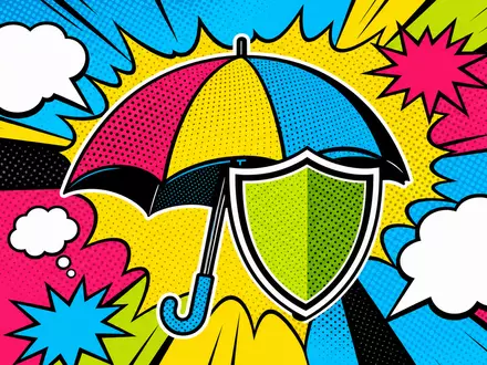 Zurich Insurance Group AG CH0011075394 – Pop-Art-Comic-Illustration mit Regenschirm und Schutzschild in Halftone-Raster und Knallfarben - Foto: THN