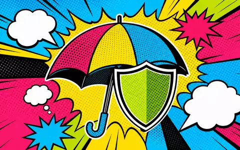Zurich Insurance Group AG CH0011075394 – Pop-Art-Comic-Illustration mit Regenschirm und Schutzschild in Halftone-Raster und Knallfarben - Foto: THN