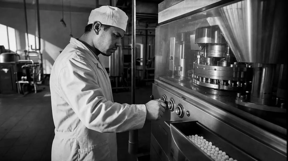 Pharmatechniker an Tablettenpresse, dokumentarische SW-Fotografie mit Industrieatmosphäre