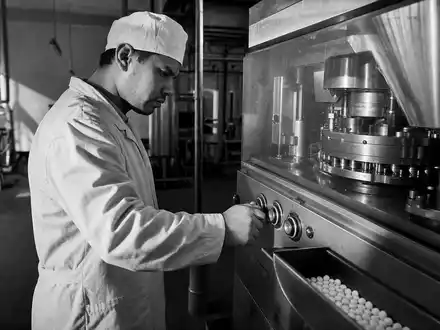 Novartis AG CH0012005267 – Pharmatechniker bedient eine industrielle Tablettenpresse in dokumentarischer Schwarzweißfotografie - Foto: THN