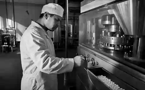 Novartis AG CH0012005267 – Pharmatechniker bedient eine industrielle Tablettenpresse in dokumentarischer Schwarzweißfotografie - Foto: THN