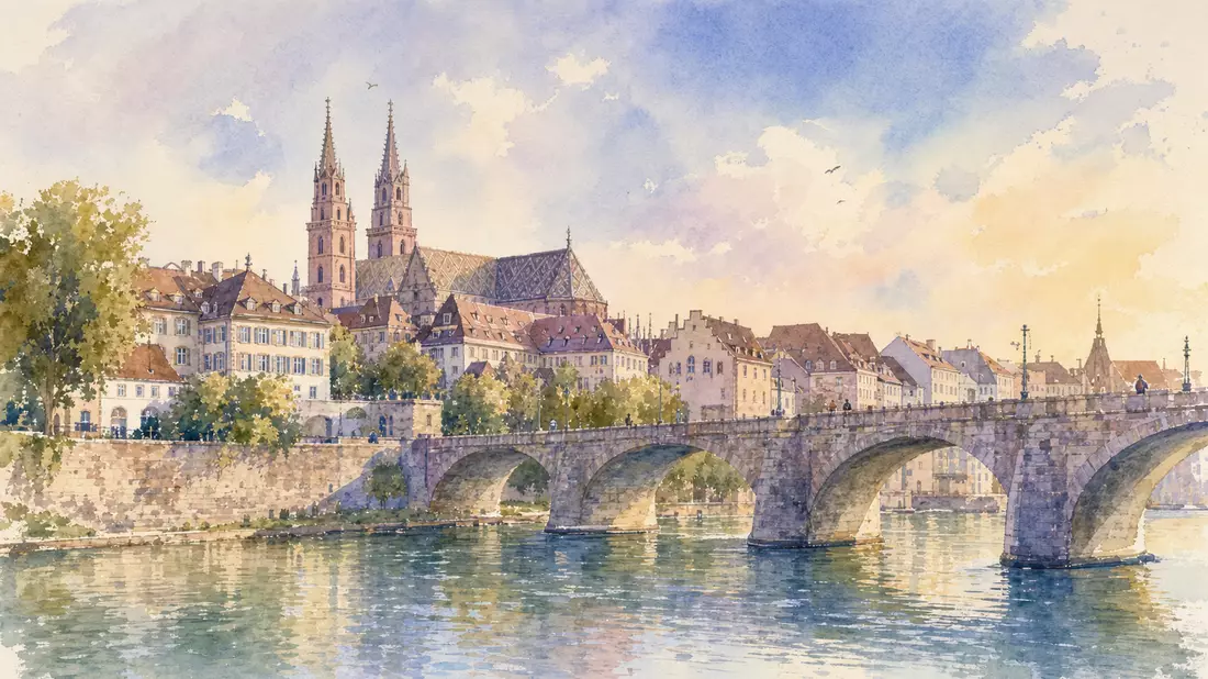 Aquarell der Basler Altstadt mit Rheinbrücke und Münster in weichen Pastellfarben
