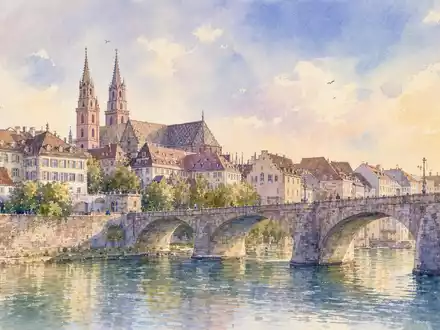 Novartis AG CH0012005267 – Aquarell Basels mit Rheinbrücke und Münster in zarten Pastelltönen - Foto: THN