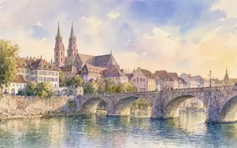 Novartis AG CH0012005267 – Aquarell Basels mit Rheinbrücke und Münster in zarten Pastelltönen - Foto: THN