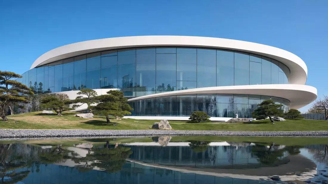 Futuristisches Forschungsgebäude mit ovaler Glasfassade und Spiegelteich im Vordergrund