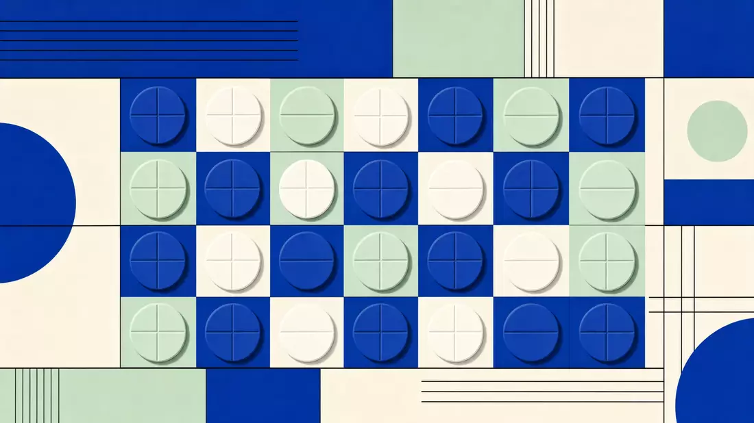 Bauhaus-Grafikposter mit geometrischem Tabletten-Raster in Kobaltblau, Weiß und Mintgrün