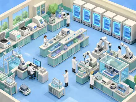 Novartis AG CH0012005267 – Isometrisches Low-Poly-Labor mit Robotern, Inkubatoren und vielen Wissenschaftlern - Foto: THN