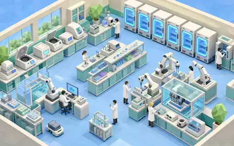 Novartis AG CH0012005267 – Isometrisches Low-Poly-Labor mit Robotern, Inkubatoren und vielen Wissenschaftlern - Foto: THN