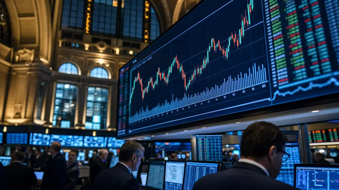 Börsenanzeigetafel mit Candlestick-Charts und Händlern auf einem Schweizer Handelsparkett