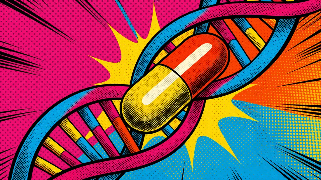 Pop-Art-Illustration einer DNA-Doppelhelix mit Kapsel in leuchtendem Halftone-Raster