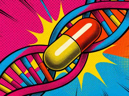 Novartis AG CH0012005267 – Pop-Art-Comic mit stilisierter DNA-Helix und Kapsel im bunten Halftone-Raster - Foto: THN