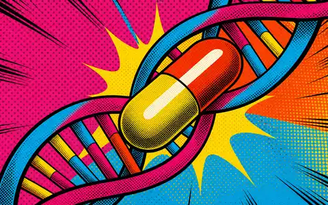 Novartis AG CH0012005267 – Pop-Art-Comic mit stilisierter DNA-Helix und Kapsel im bunten Halftone-Raster - Foto: THN