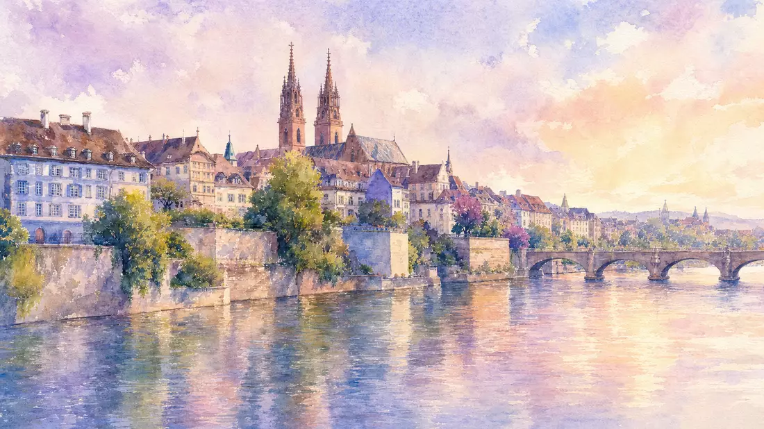 Aquarell-Ansicht von Basel am Rhein mit historischen Münstertürmen, Pastelltöne