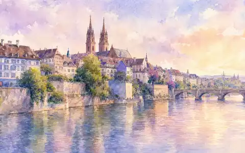 Roche Holding AG CH0012032048 – Basel mit Rhein und Münstertürmen in weichen Pastellfarben gemalt - Foto: THN