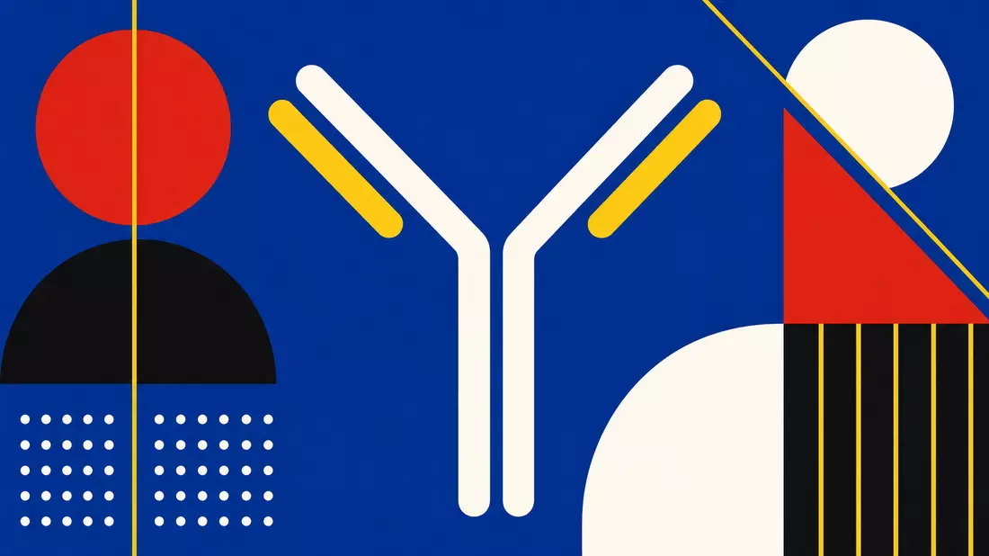Bauhaus-Grafik mit stilisierter Antikörper-Y-Form in Blau, Weiß und Hellgelb