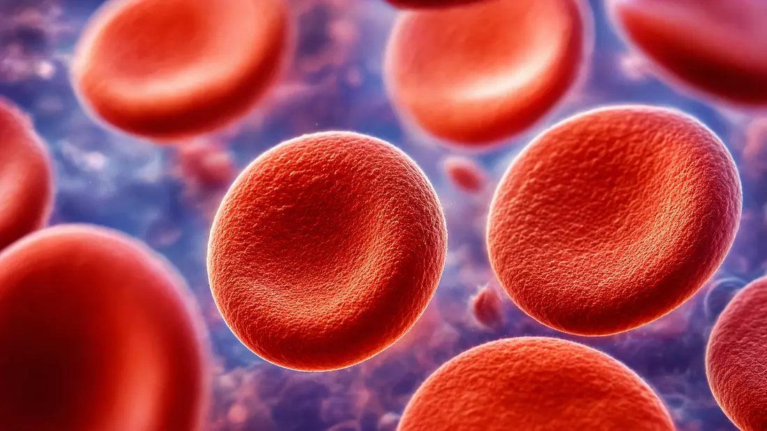 Extreme Nahaufnahme roter Blutzellen auf Glasträger, wissenschaftliche Visualisierung in Rot