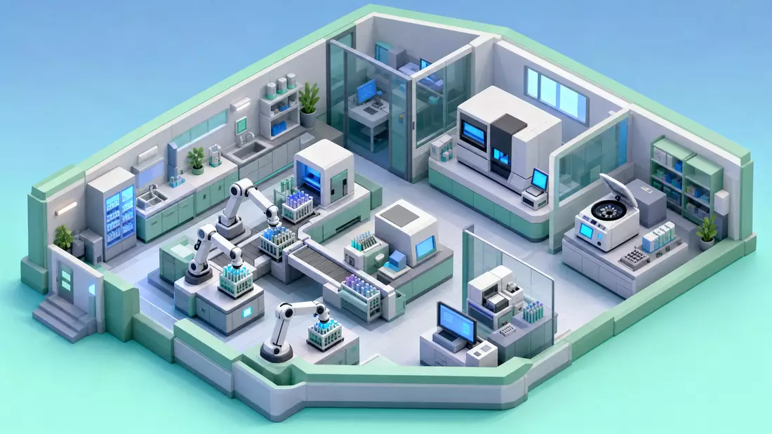 Isometrisches 3D-Diorama eines Diagnostik-Labors mit Probenrobotern und Analysegeräten
